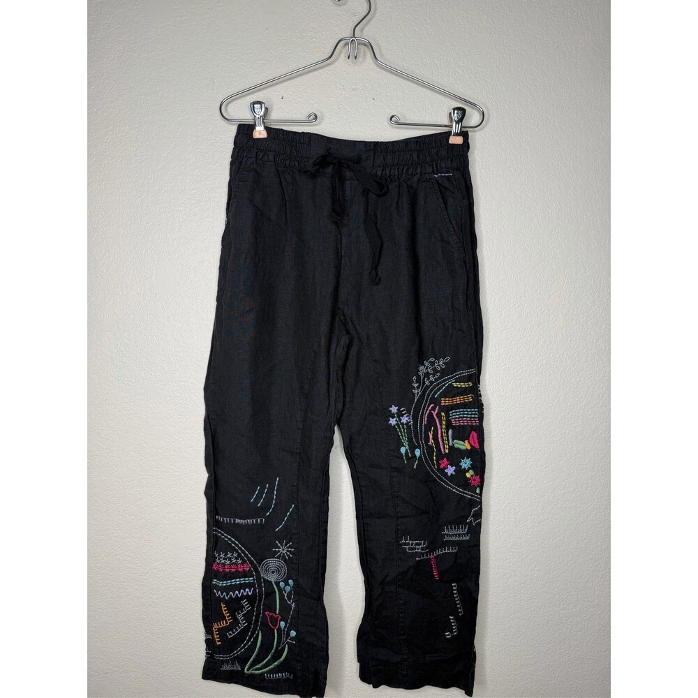 Johnny Was Pete & Greta Black Linen Embroidered Drawstring Boho Pants sz XS